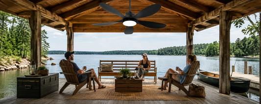 alt="Off-grid solar outdoor ceiling fan with light installed in a lakefront covered gazebo"