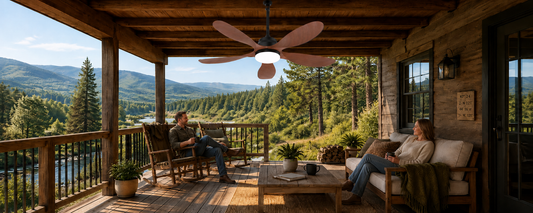Solar gazebo fan with light installed above a covered mountain cabin patio for clean off-grid airflow