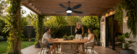 Portable outdoor fan compared with a solar ceiling-mounted fan on a covered patio