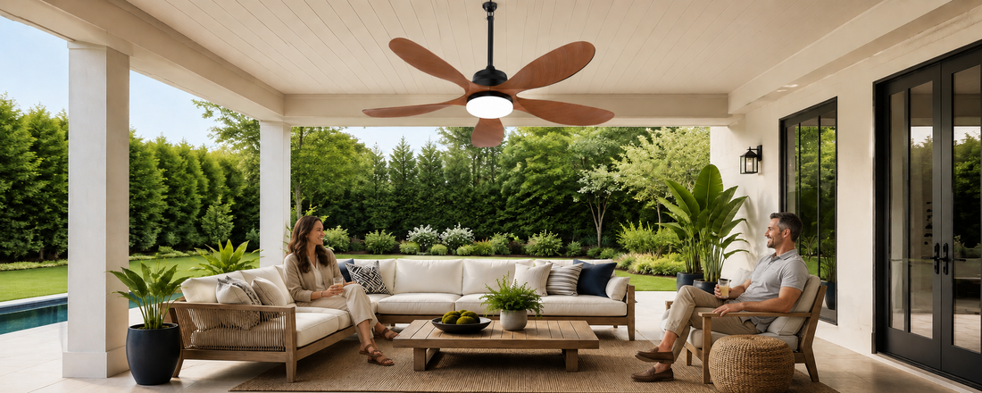 alt="52-inch solar ceiling fan with LED light above a covered patio seating area"