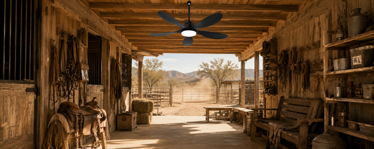Black pergola fan light mounted in a dusty covered barn with an open ranch view