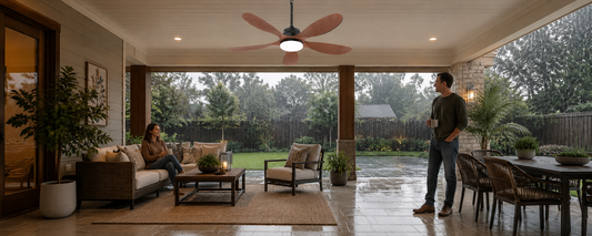 Rain-resistant solar fan light installed on a covered patio during rain