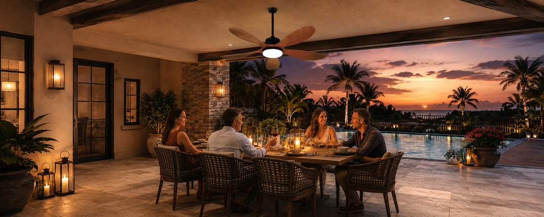 Solar fan light for evening patio dining under a covered patio with poolside seating