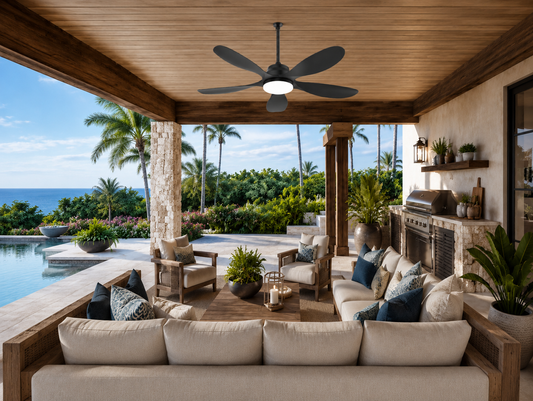 Solar ceiling fan with light and battery for a covered patio by the pool