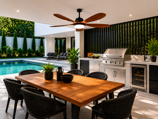 outdoor ceiling fan with light for covered outdoor kitchen and grill patio
