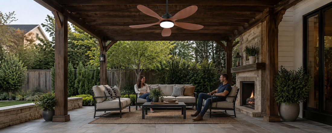 Solar ceiling fan with lights installed on a covered outdoor patio with no added wiring