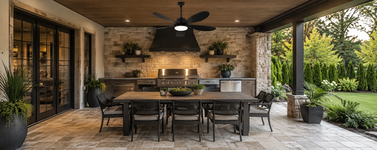 Black solar ceiling fan with light over a covered patio dining area and outdoor kitchen