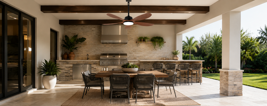 No-wiring solar ceiling fan with light for a covered patio dining and outdoor kitchen area