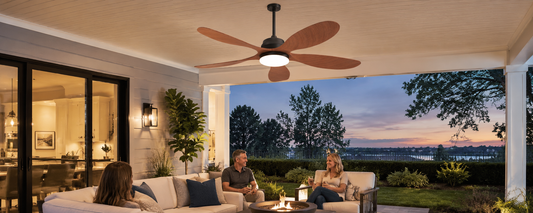 Solar ceiling fan with battery backup for evening use on a covered patio