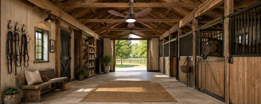 Solar ceiling fan with LED light installed in a covered horse barn aisle