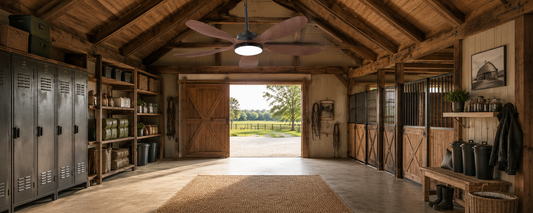 Solar ceiling fan with light installed in a barn for off-grid cooling and airflow