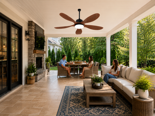 Solar ceiling fan with light installed in a backyard gazebo