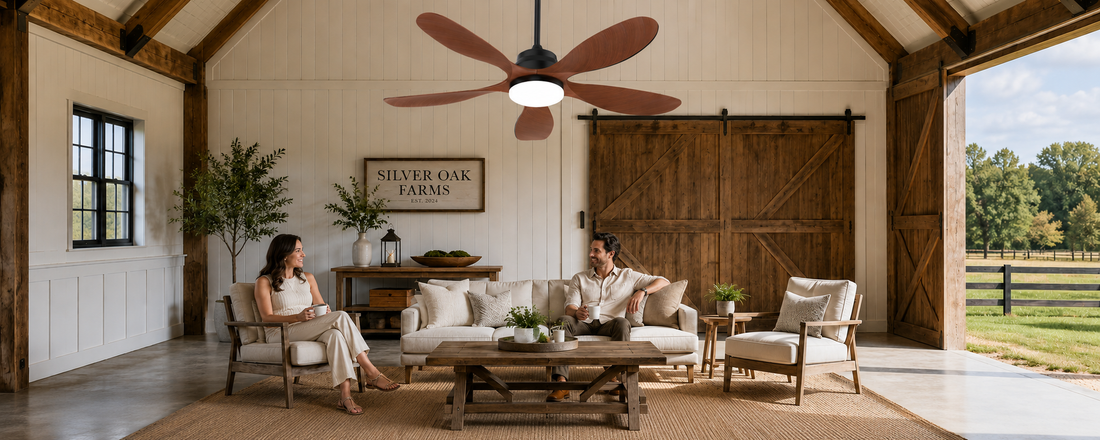 Ventallion solar ceiling fan with light installed above a covered patio lounge for outdoor airflow and comfort