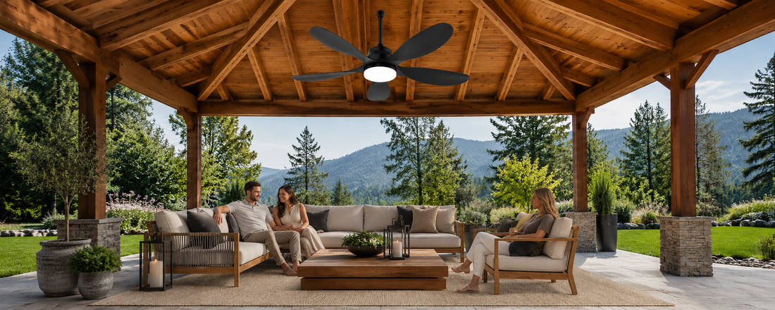 Ventallion black no-wiring solar ceiling fan with light installed in a covered gazebo seating area