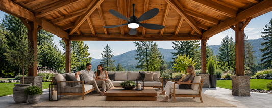 Ventallion black no-wiring solar ceiling fan with light installed in a covered gazebo seating area