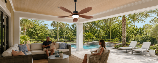 Solar ceiling fan with light on a covered patio for balanced airflow and evening lighting