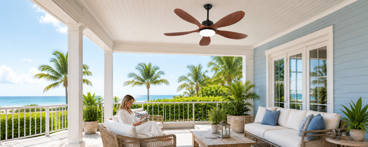 outdoor ceiling fan with light for covered patio seating area