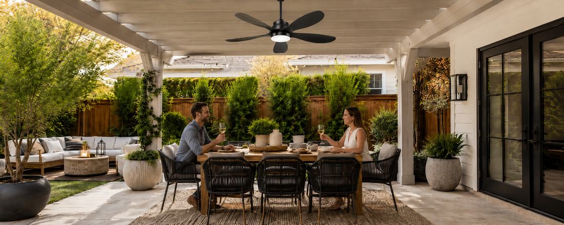 Solar porch fan light installed over a covered patio dining area for set-and-forget outdoor comfort
