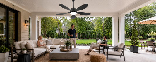 Solar fan light with battery backup installed on a covered patio for all-season outdoor comfort
