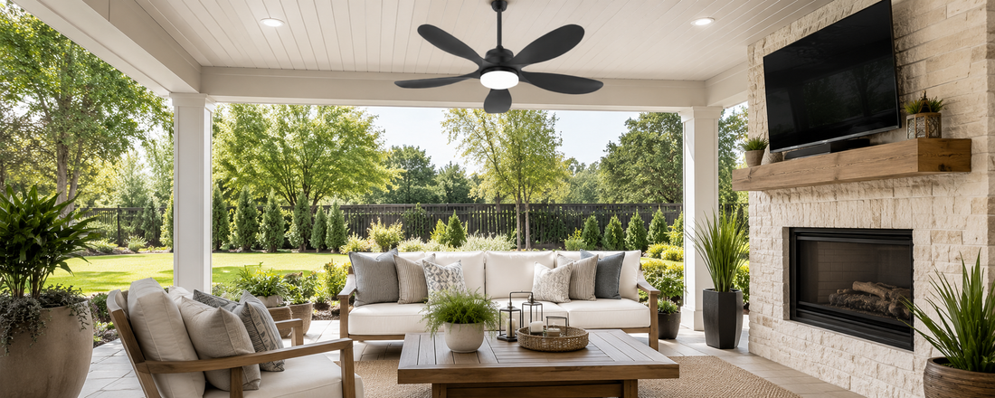 Ceiling-mounted solar fan with light for a cleaner covered porch setup