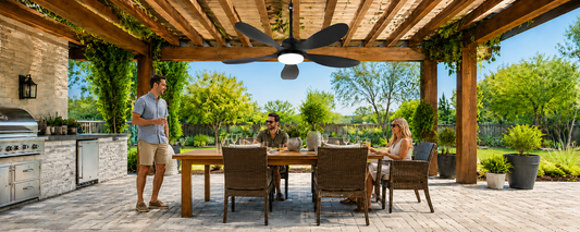 Solar ceiling fan installed on a shaded patio with the solar panel placed in direct sunlight nearby