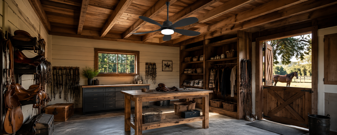 Solar ceiling fan with light in an off-grid barn with solar panel for workshop airflow