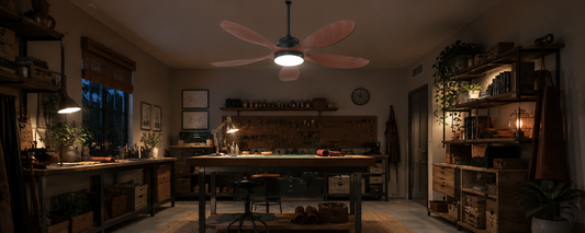 Barn solar ceiling fan with light installed in a rustic covered workspace