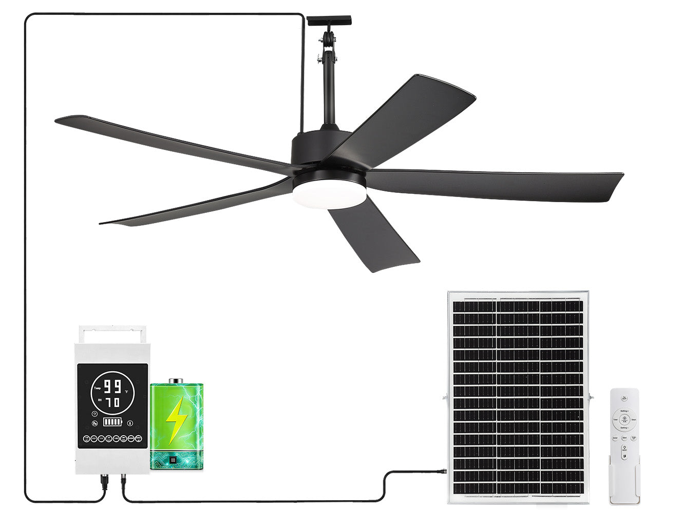 52-Inch Outdoor Solar Ceiling Fan with Light & Battery