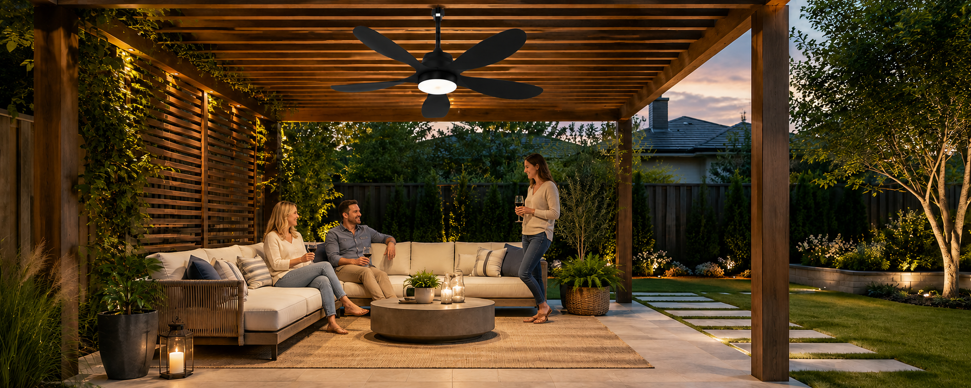 52 inch solar ceiling fan with light installed in a covered patio seating area
