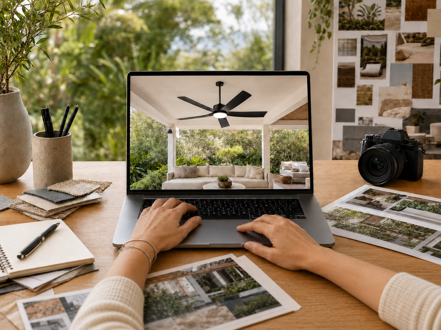 Outdoor living publisher creating content about a Ventallion solar ceiling fan