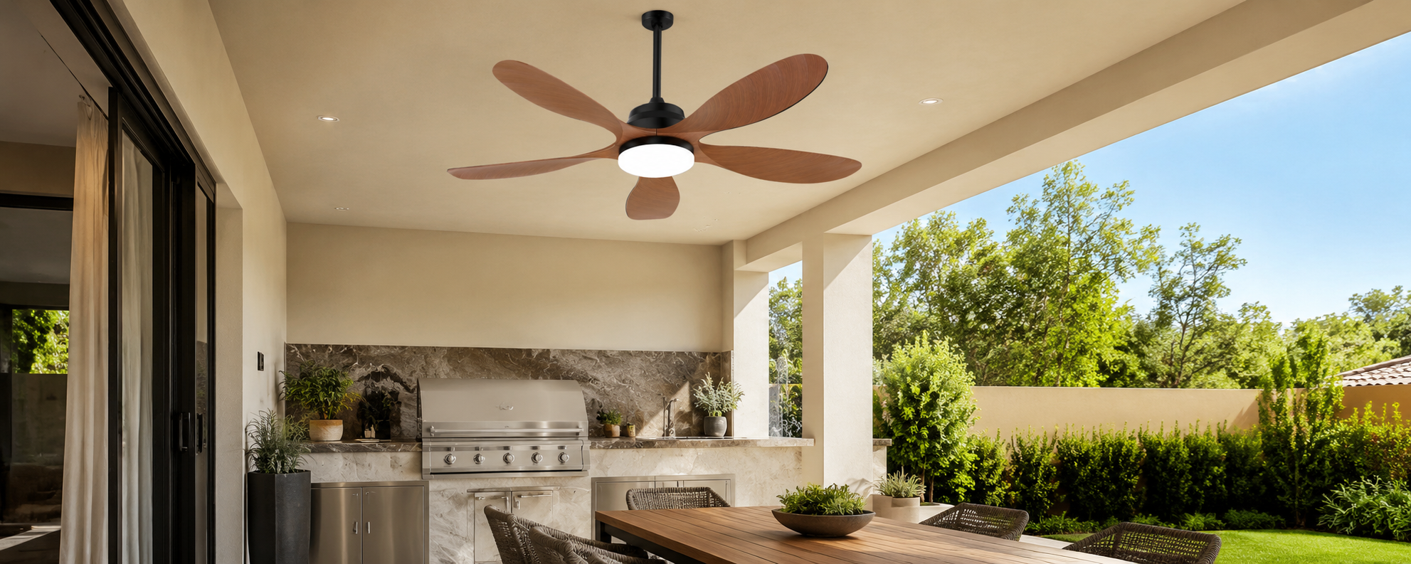 solar ceiling fan with battery for covered outdoor kitchen without new wiring