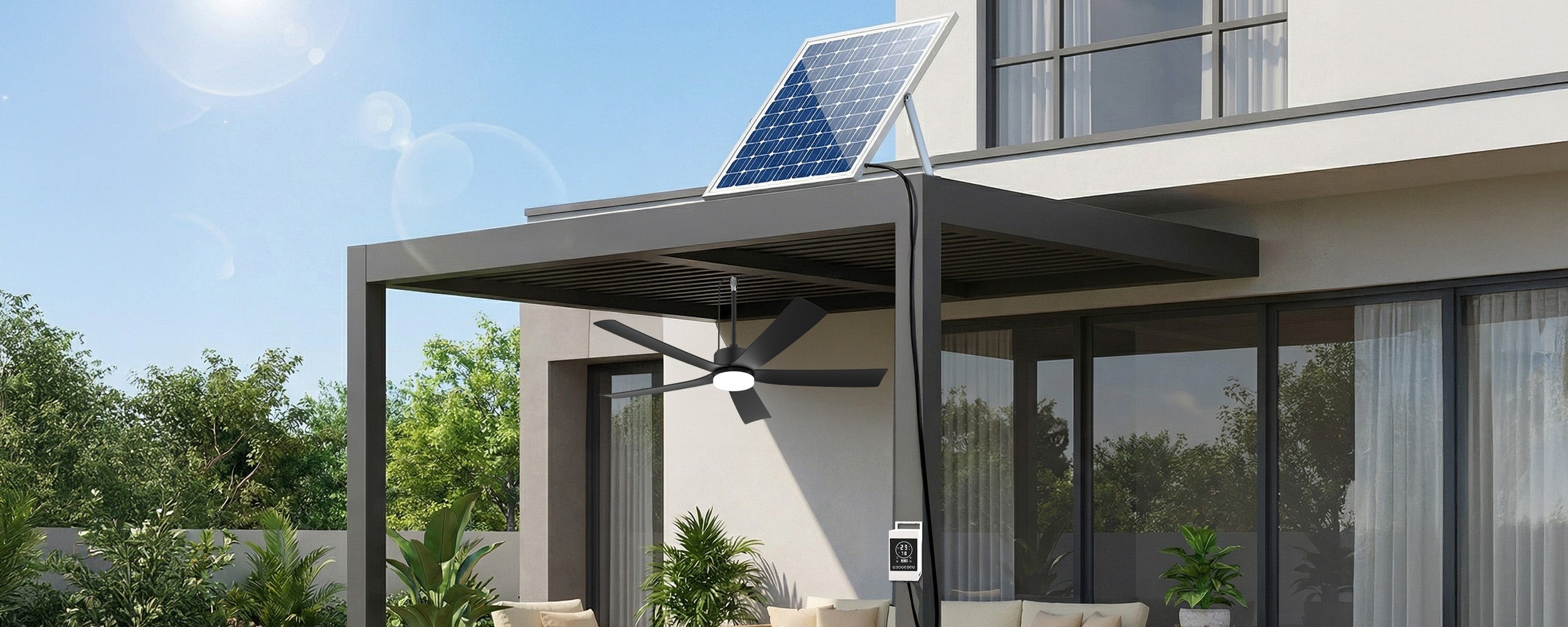 Solar ceiling fan with light for finished patio pergola and gazebo outdoor living space