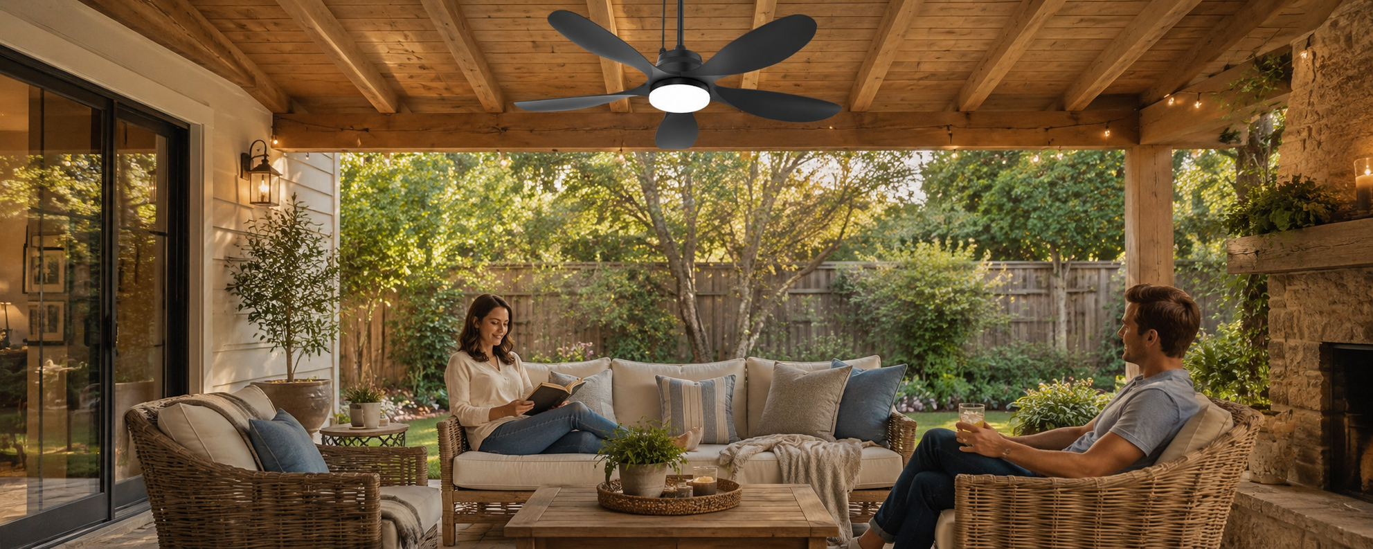 42 inch outdoor ceiling fan with light above a covered porch lounge seating area