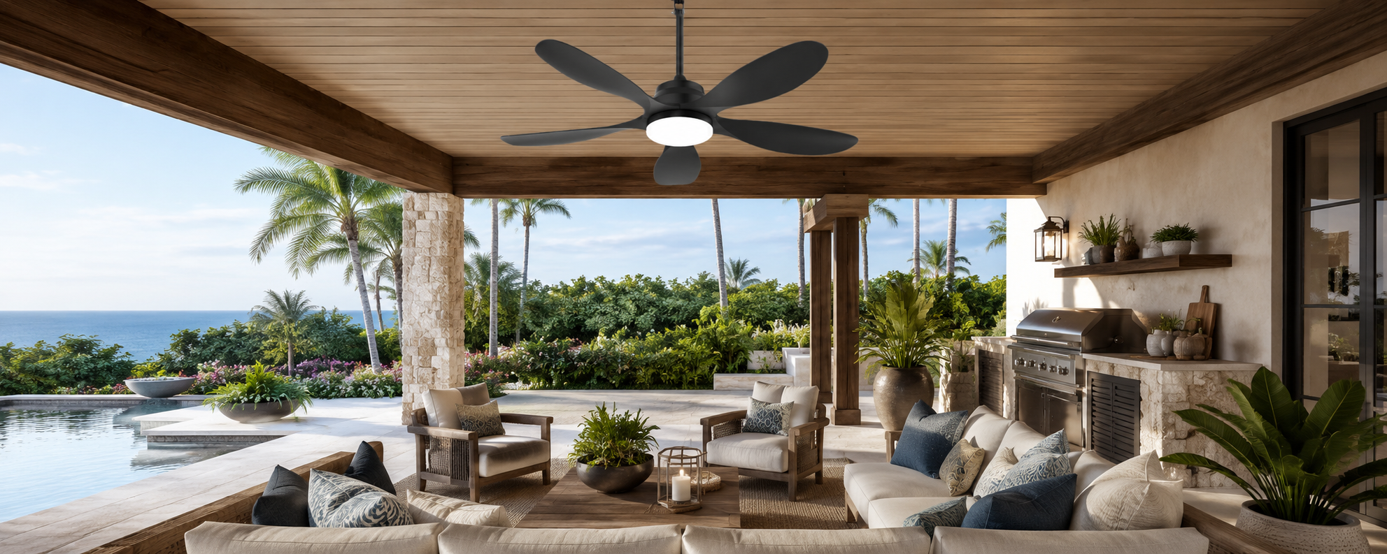 Ventallion outdoor solar ceiling fan with light on a covered patio beside a pool