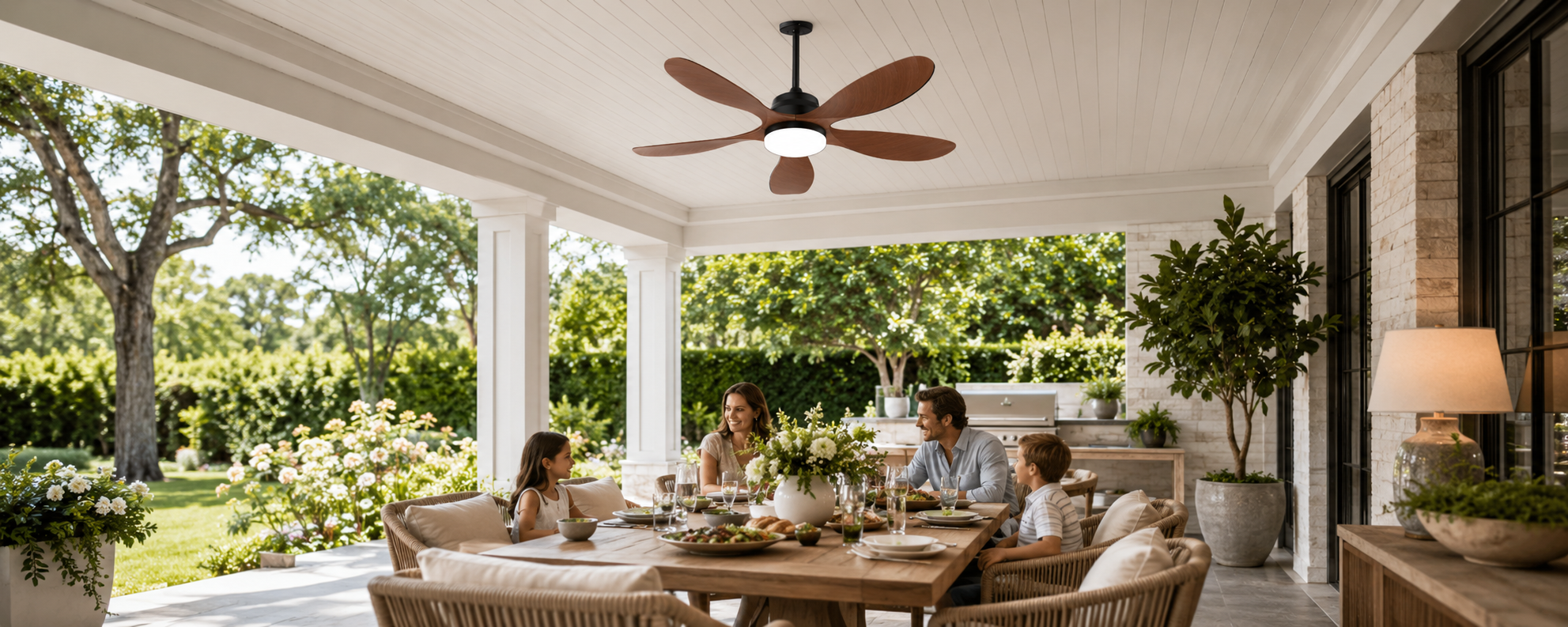 Covered deck dining area with black ceiling fan and integrated light above the table