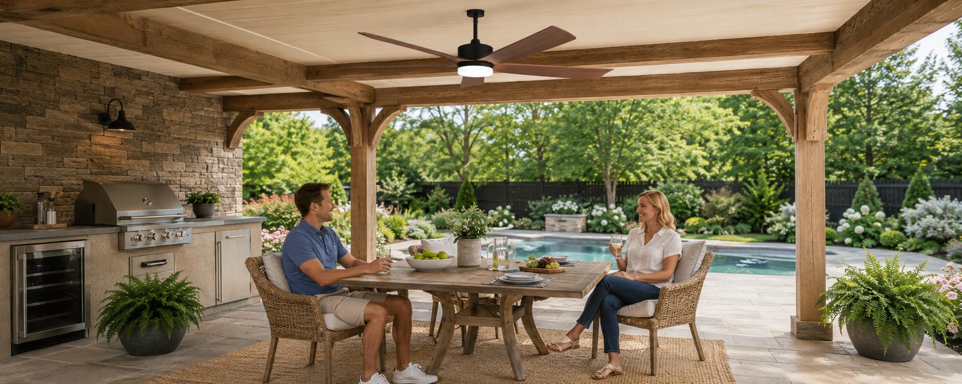Solar ceiling fan with brushless DC motor above a covered pergola dining area near a pool
