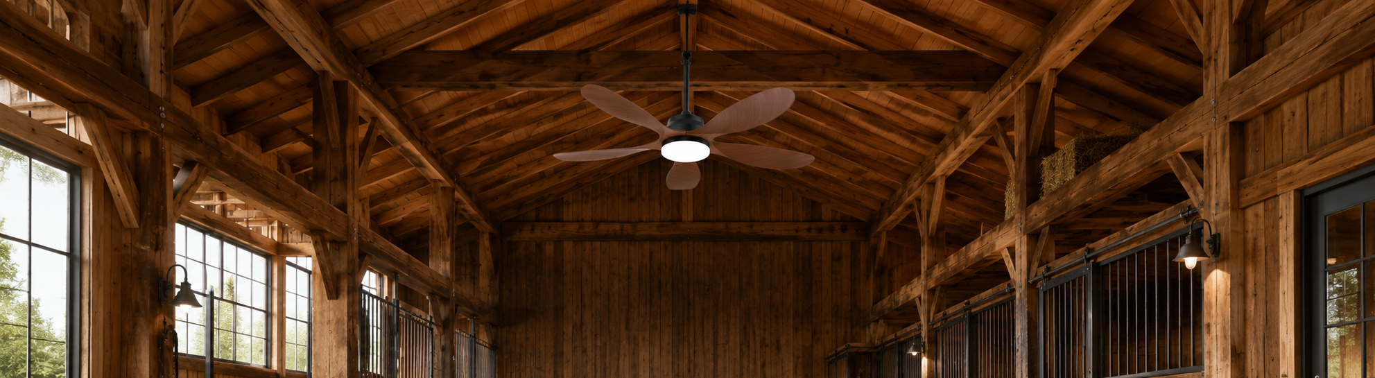 solar ceiling fan for barn and stable aisle with LED light