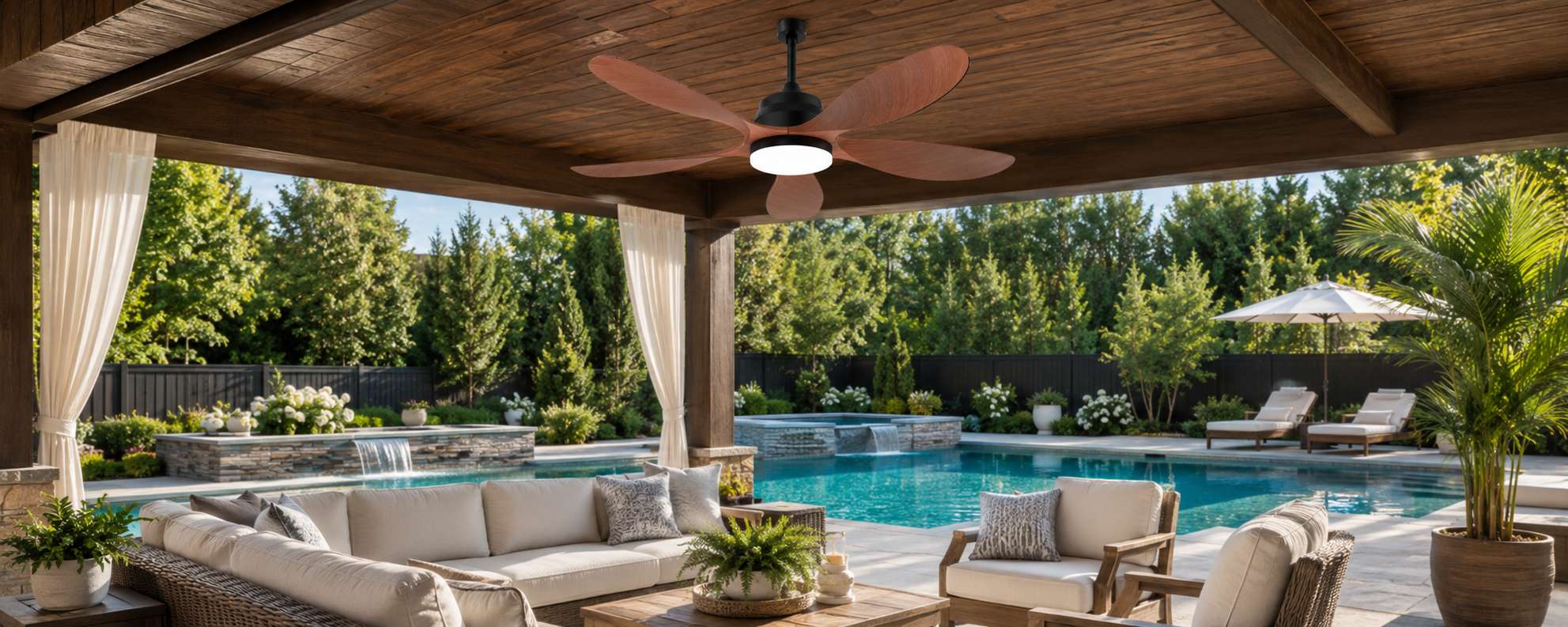 Solar powered outdoor ceiling fan with separate solar panel for shaded gazebo charging