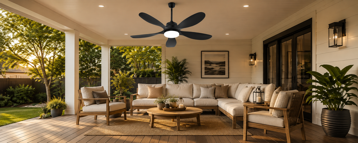 Solar ceiling fan with warm neutral and cool light settings for outdoor spaces
