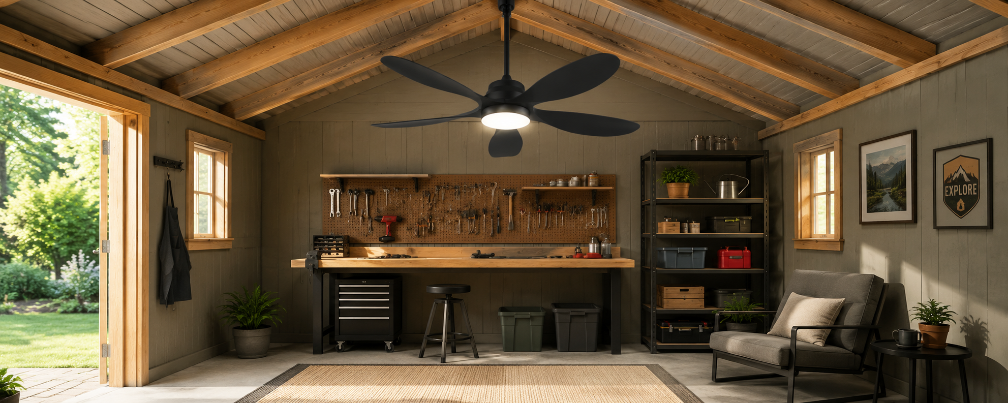 Solar ceiling fan with battery backup and LED light for evening outdoor comfort