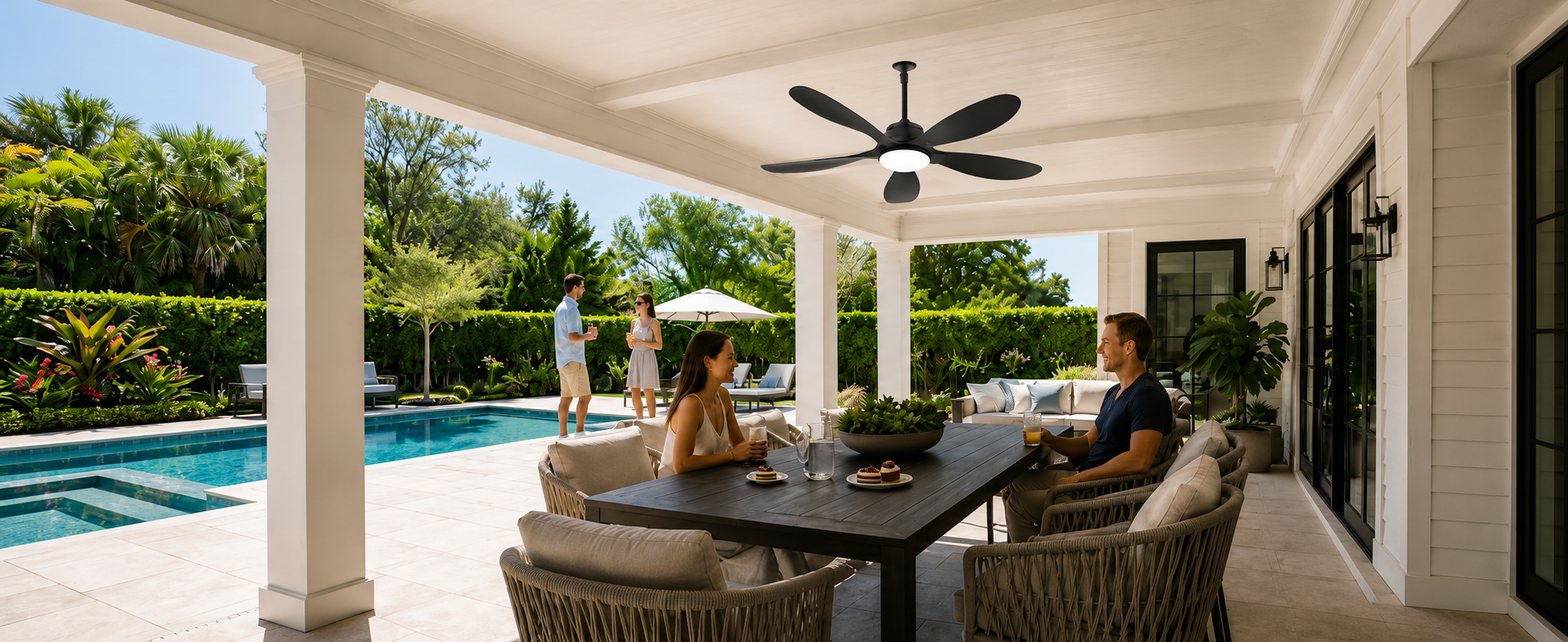 Solar ceiling fan with light and battery backup for covered patio and gazebo outdoor living spaces