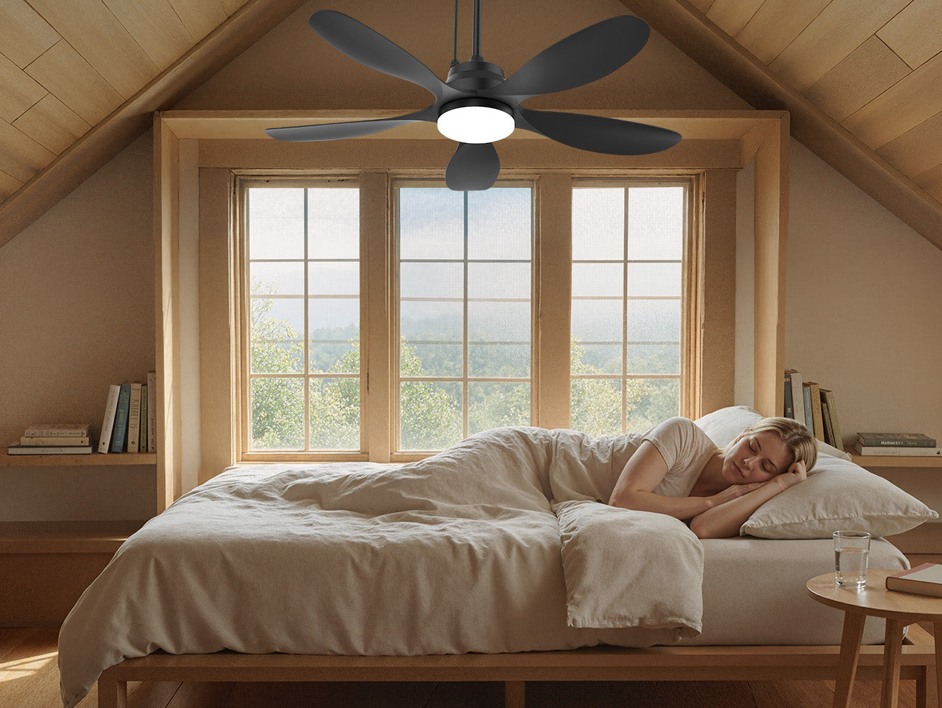 42 inch outdoor ceiling fan with light installed on a sloped ceiling