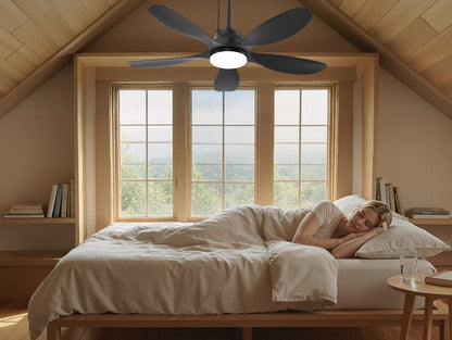 42 inch outdoor ceiling fan with light installed on a sloped ceiling