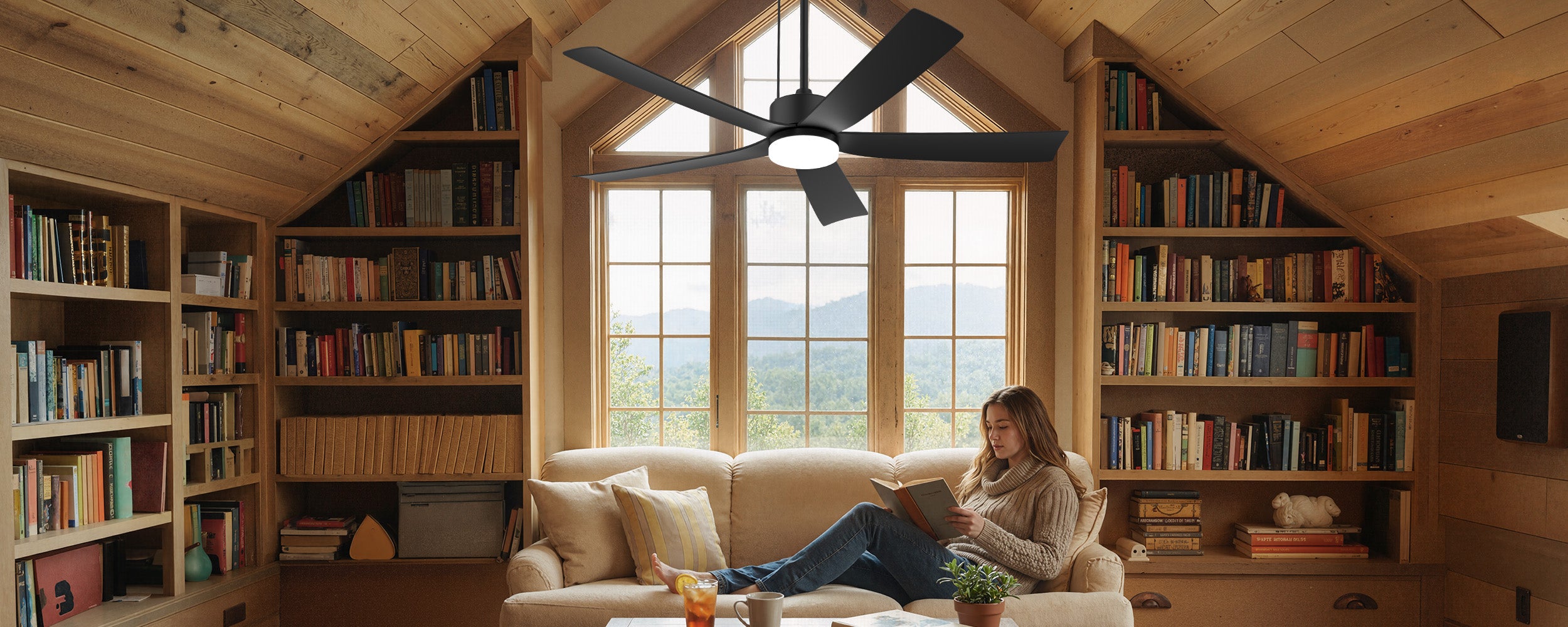 Solar ceiling fan with light providing airflow and lighting for an outdoor seating area