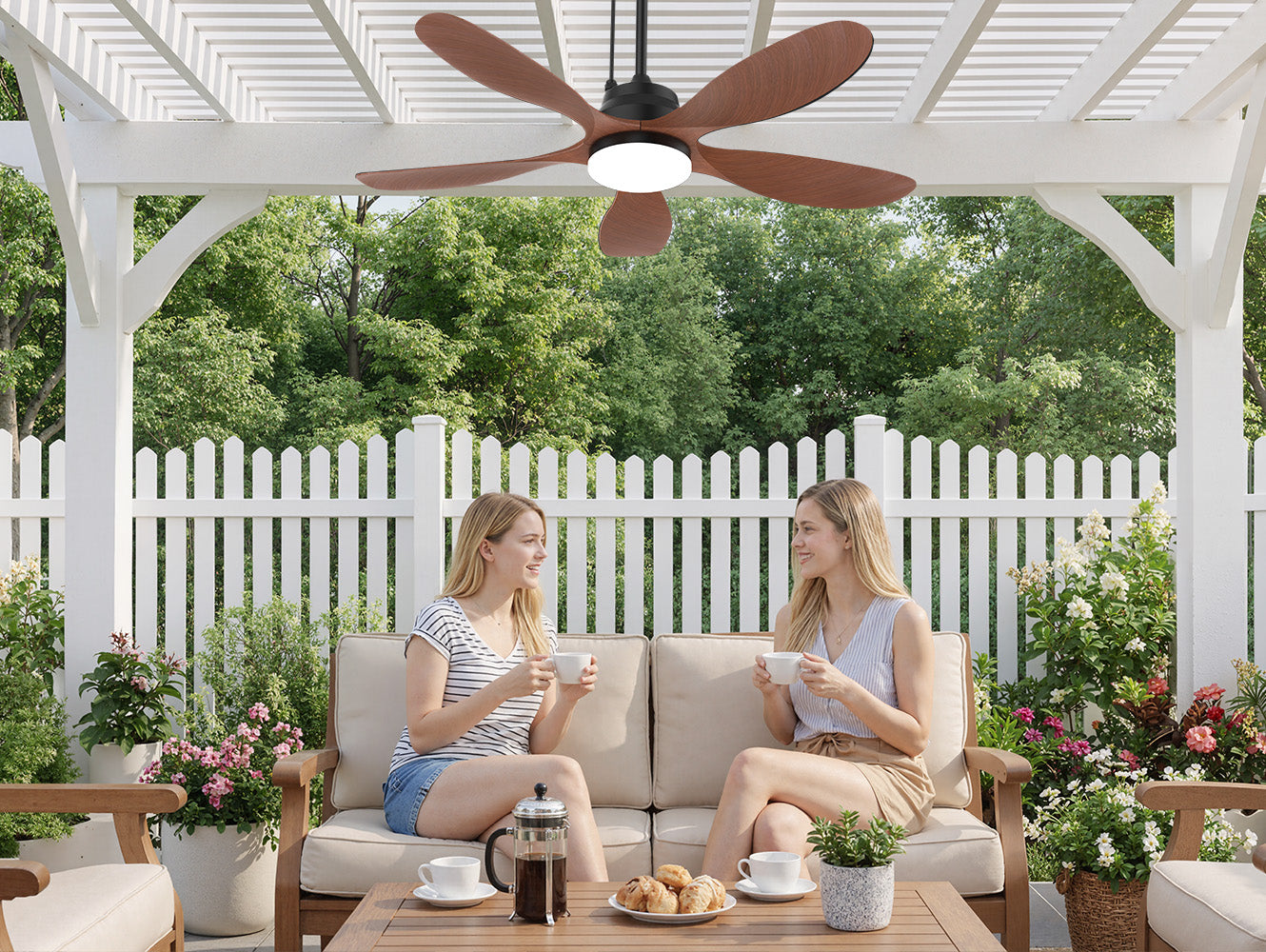 solar ceiling fan installed under a pergola