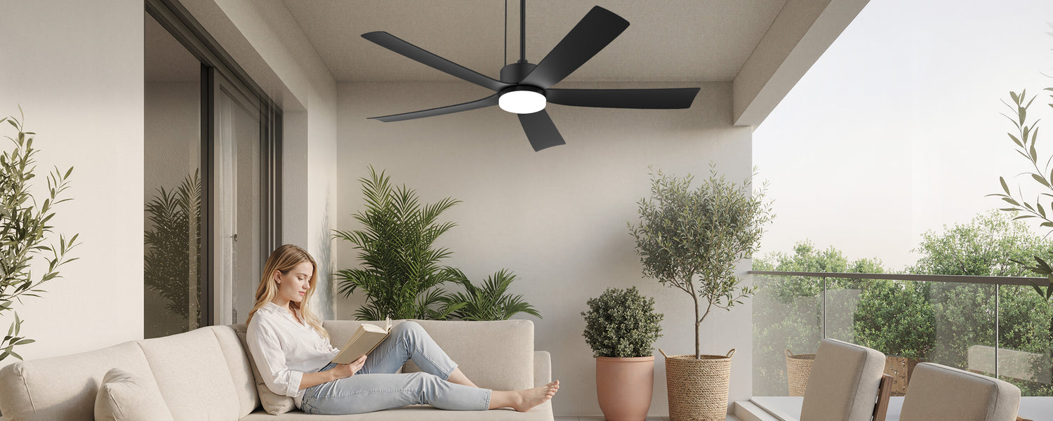 52 inch black solar ceiling fan with light for covered porch and balcony seating