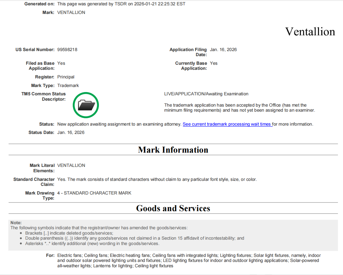 View USPTO application status record PDF for Ventallion, Serial No. 99598218.