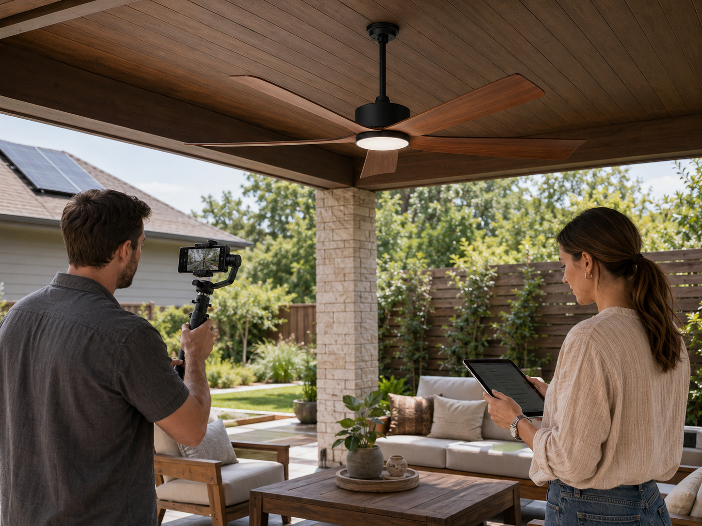 Content creators filming and reviewing a Ventallion solar ceiling fan on a covered patio