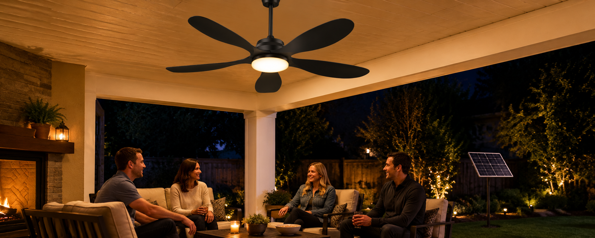 Outdoor solar ceiling fan with light for small and large covered gazebos and dining areas