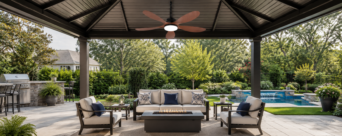 Solar panel positioned in direct sunlight beside a metal-roof pergola